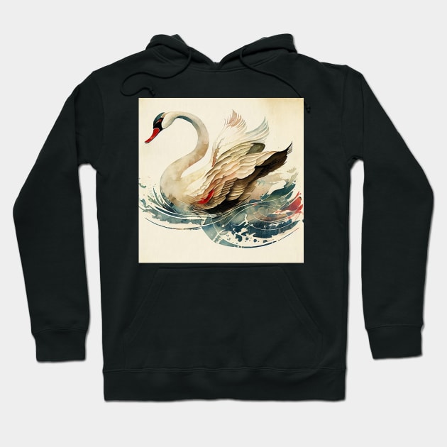 Vintage Japanese style Watercolor of a Swan Hoodie by Danielleroyer